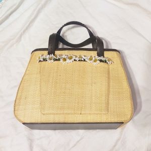 Cole Haan Cottagecore Straw Woven Handbag w Strawberry Print and Daisy Details